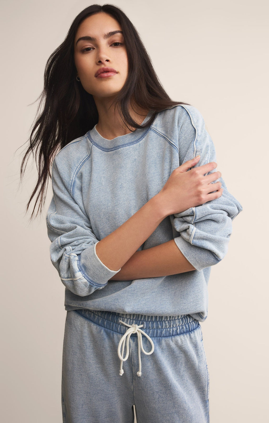 Sport Stripe Boyfriend Knit Denim Sweatshirt