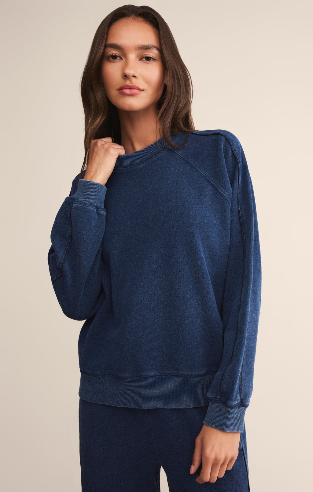 Sport Stripe Boyfriend Knit Denim Sweatshirt
