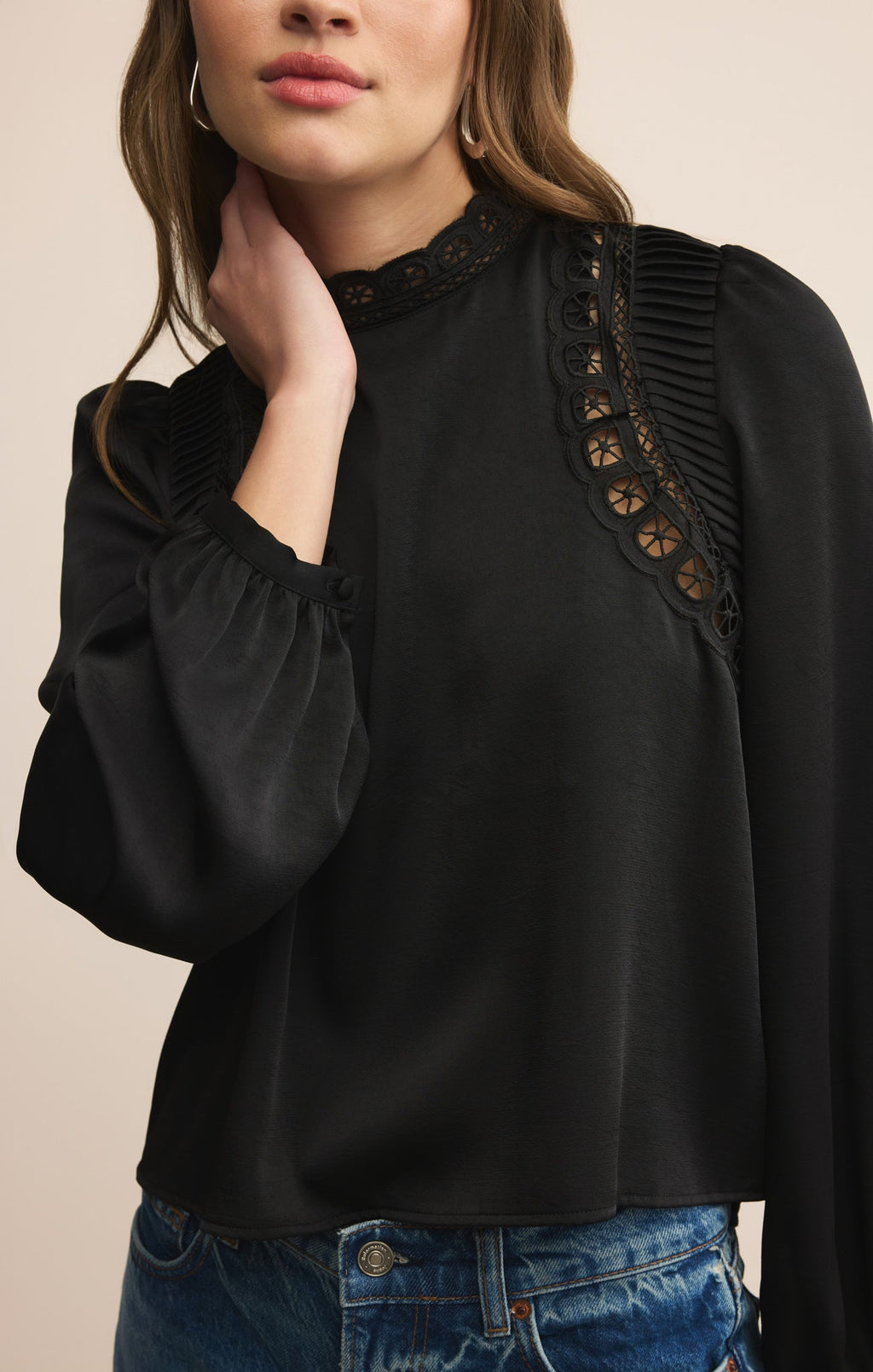 Silvana Mock Neck Embroidered Top