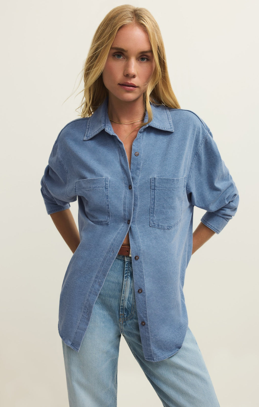 Reese Jersey Denim Button Up