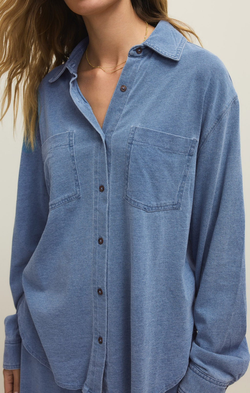 Reese Jersey Denim Button Up