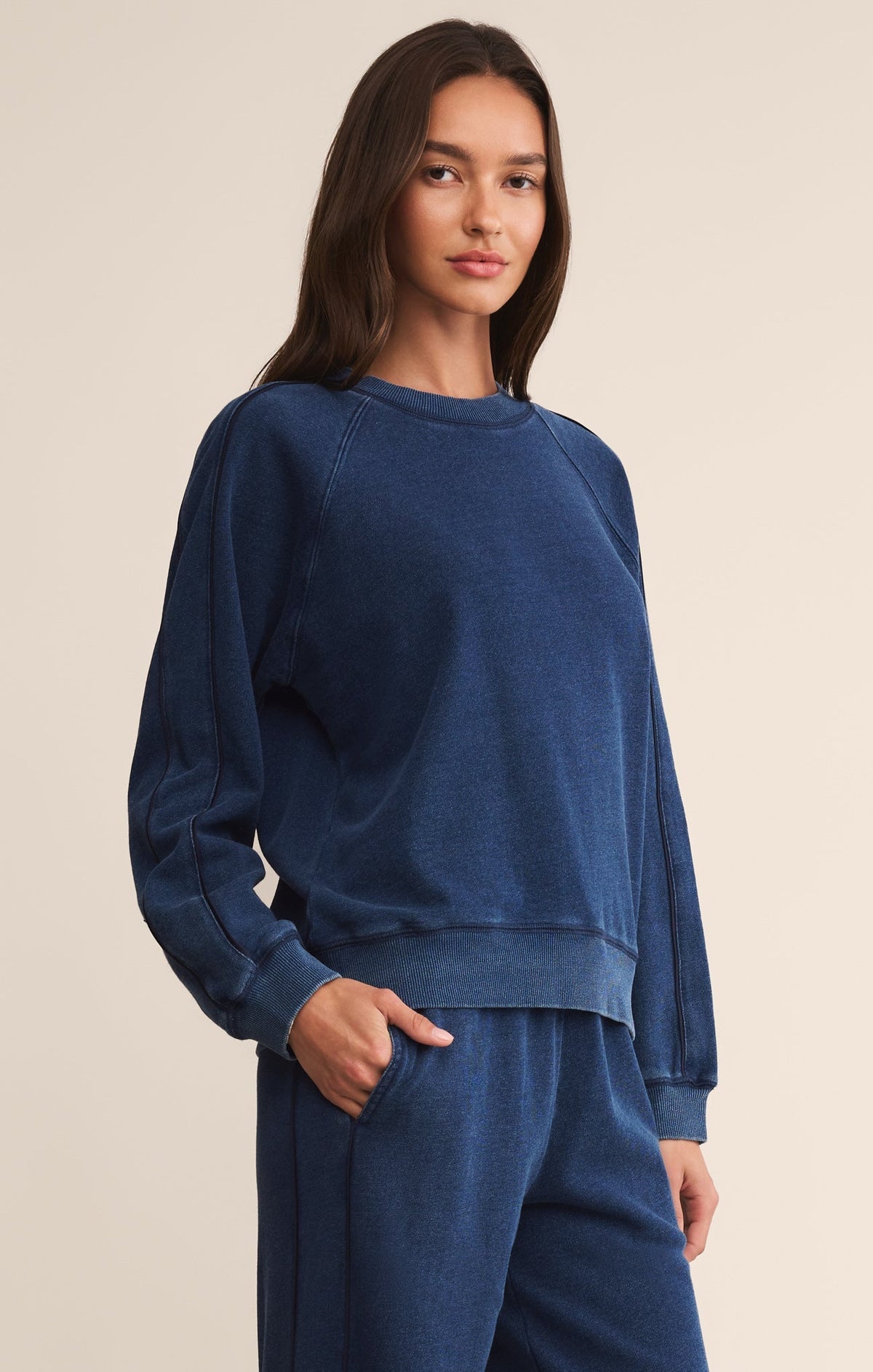 Sport Stripe Boyfriend Knit Denim Sweatshirt