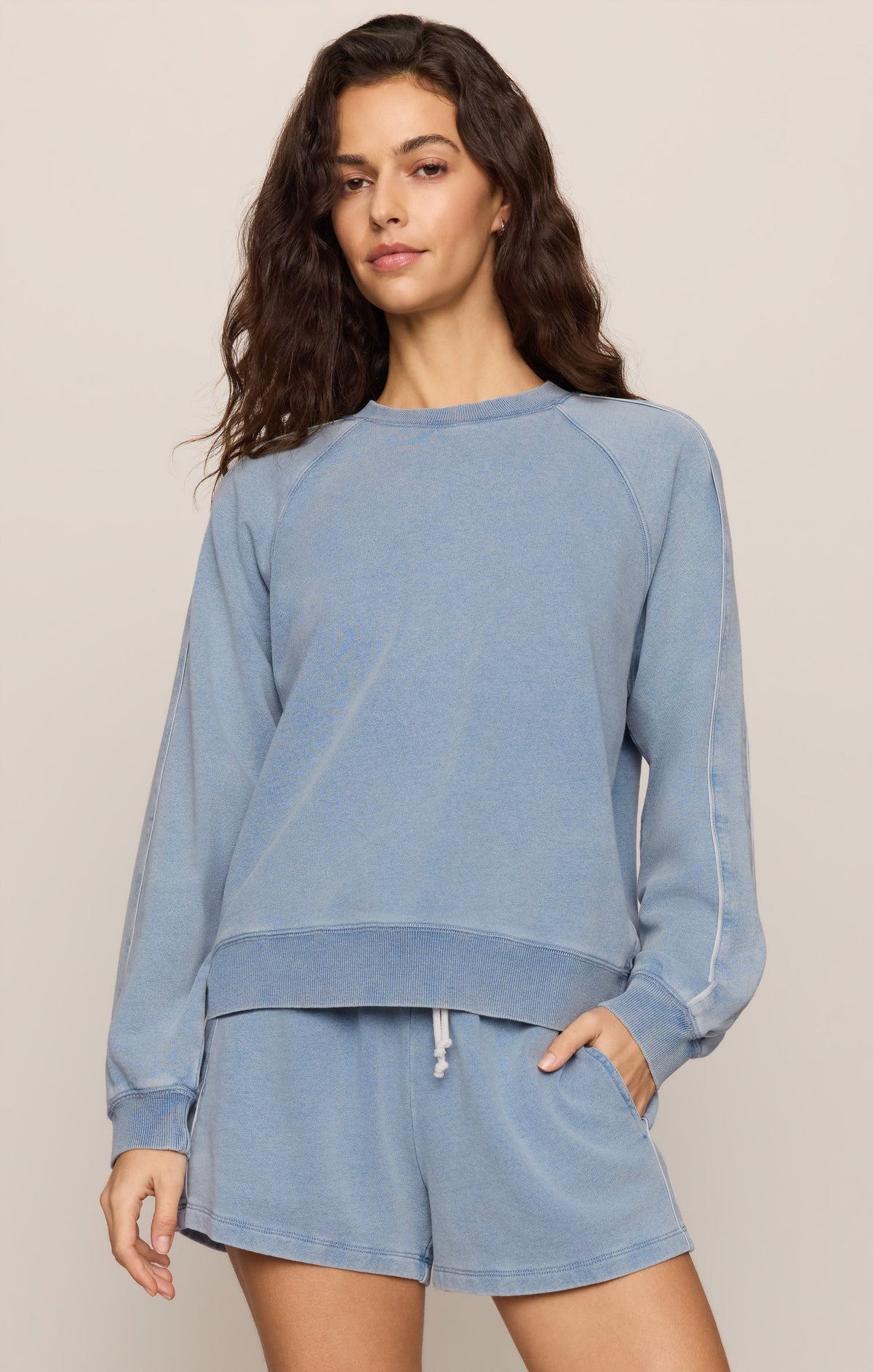 Sport Stripe Boyfriend Knit Denim Sweatshirt