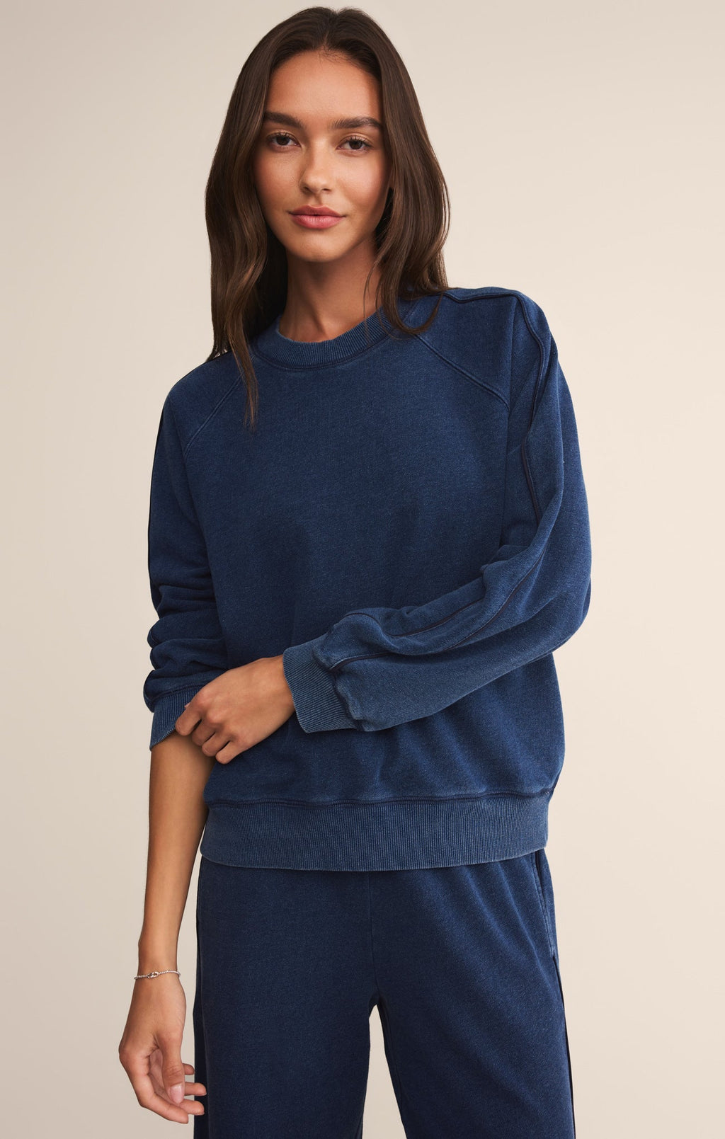 Sport Stripe Boyfriend Knit Denim Sweatshirt