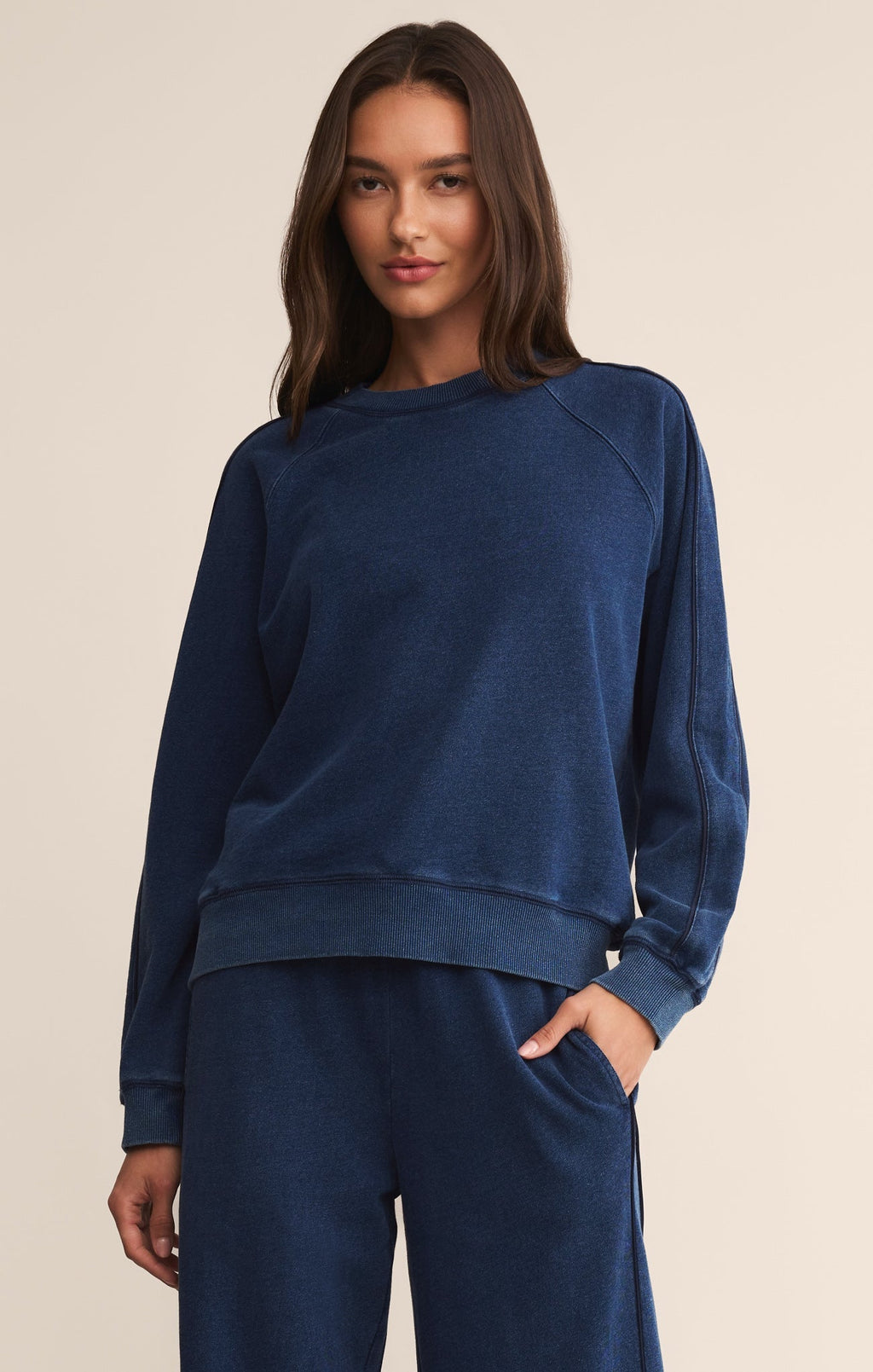 Sport Stripe Boyfriend Knit Denim Sweatshirt