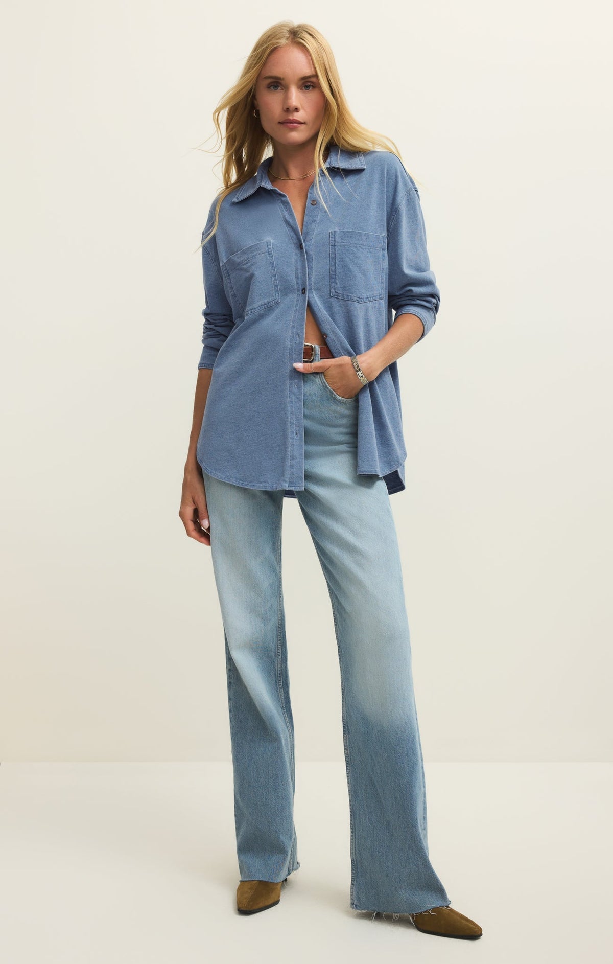 Reese Jersey Denim Button Up