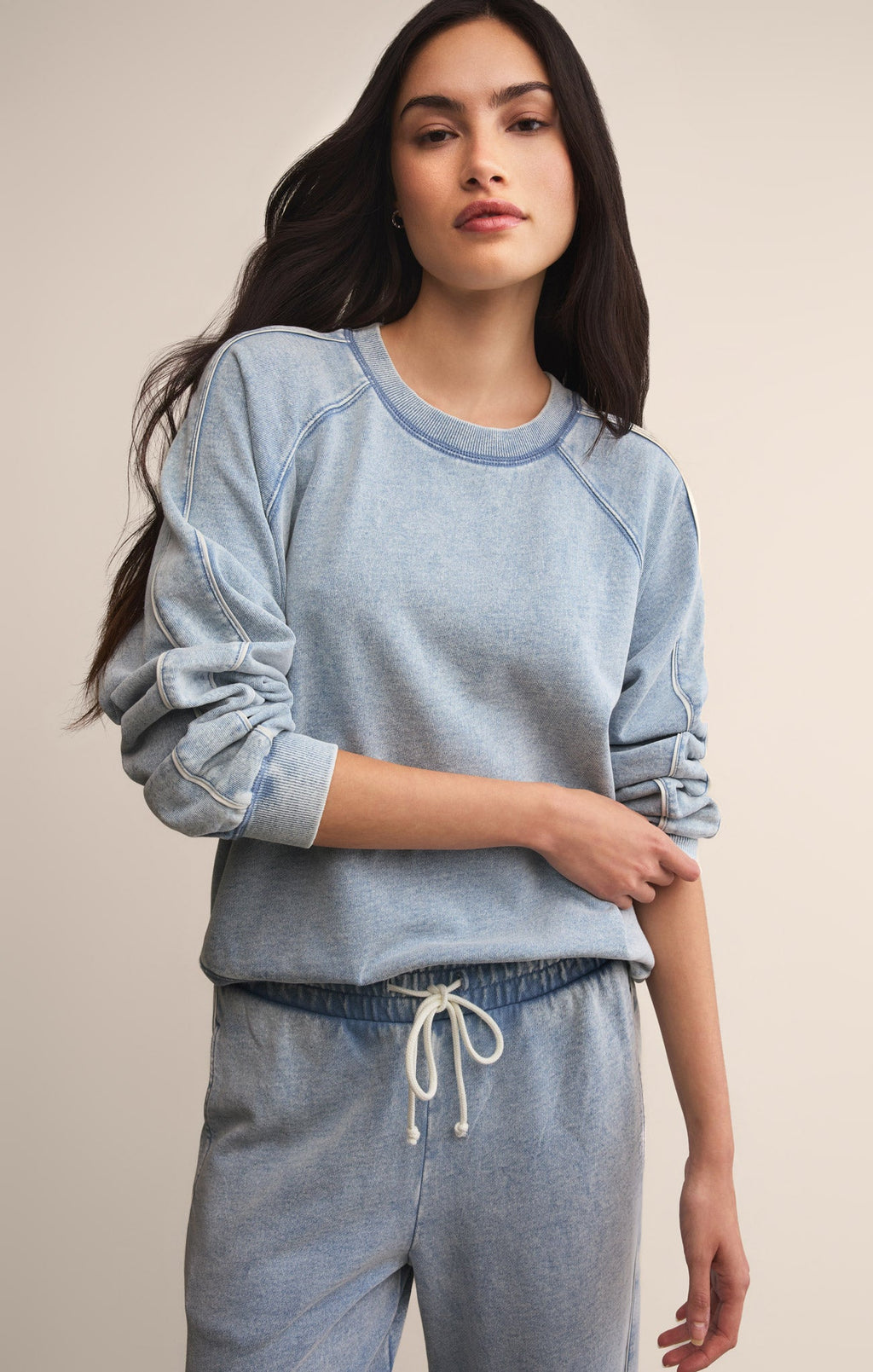 Sport Stripe Boyfriend Knit Denim Sweatshirt