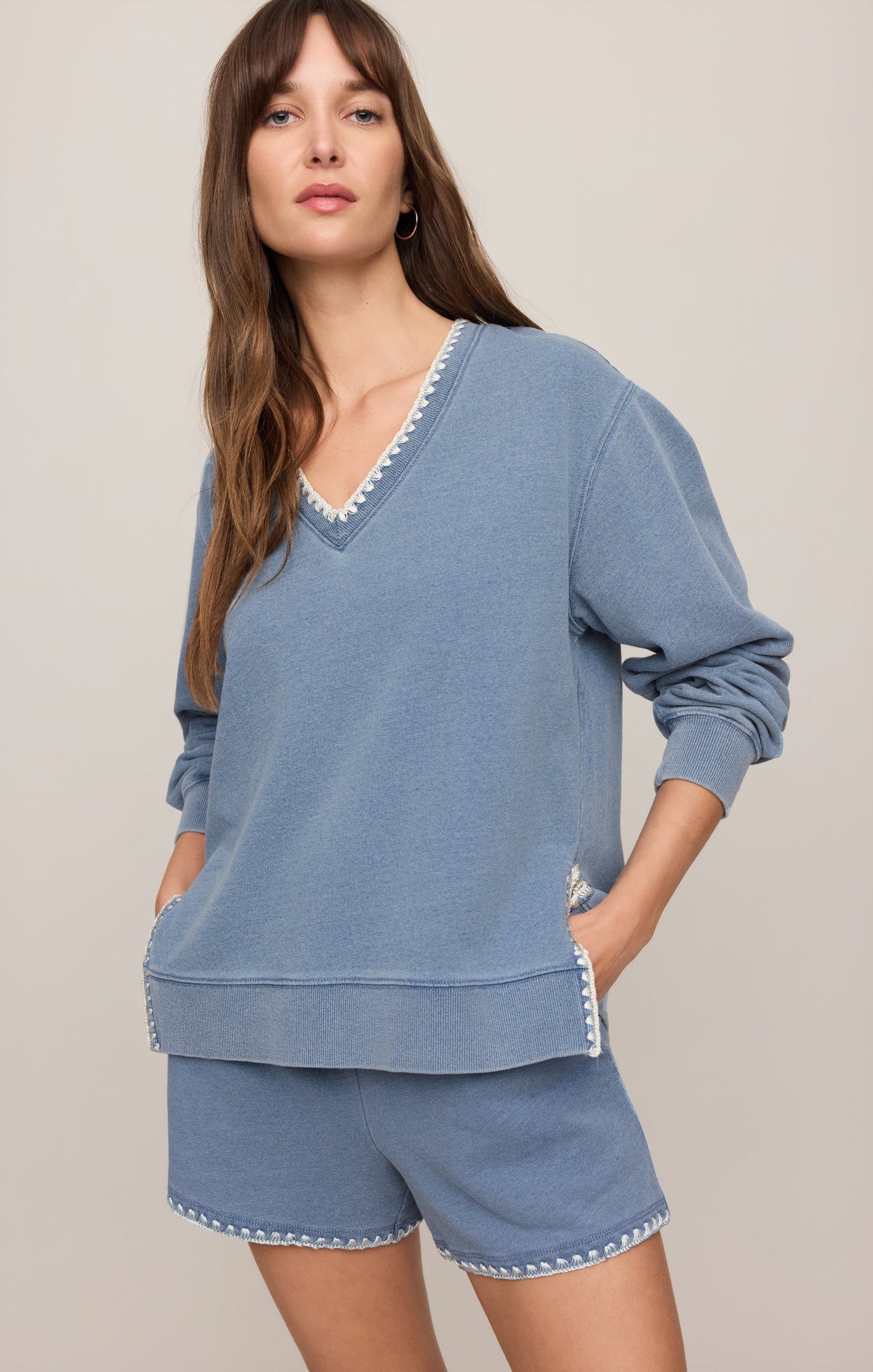 Cam Knit Denim Whipstitch Top